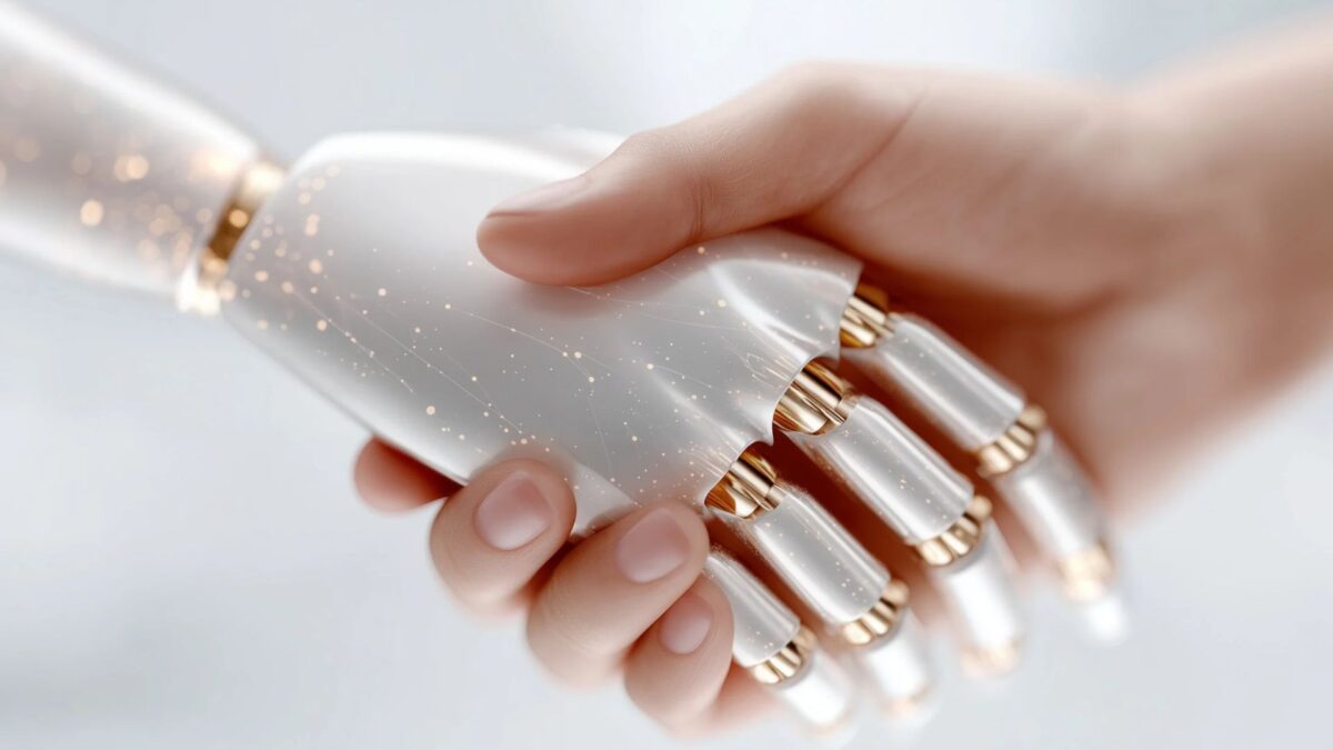Menneskelig hånd og robothånd hilser